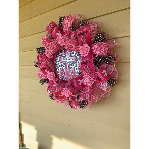 Handmade Breast Cancer Awareness Wreath - Faith Hope Cure - Pink Ribbon Decor - Picture 7 of 10